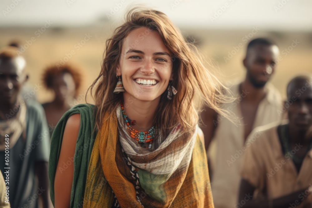 Lifestyle portrait photography of a cheerful woman in her 20s that is smiling with friends at the Serengeti National Park Tanzania . Generative AI - obrazy, fototapety, plakaty 
