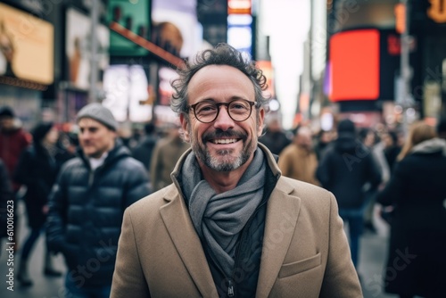 Portrait of a handsome middle-aged man wearing a coat and glasses in Times Square in New York City