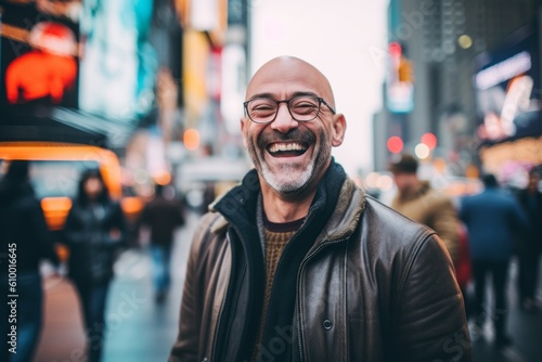 Portrait of a happy senior man in Times Square, New York City