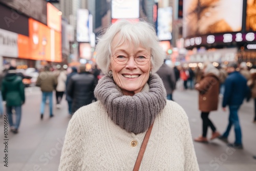Portrait of a happy senior woman at Times Square in New York City