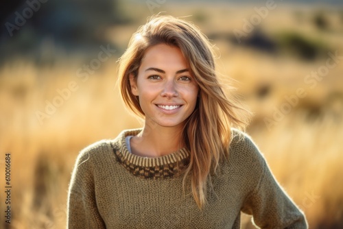 Portrait of a smiling young woman standing in autumn field at sunset © Anne Schaum