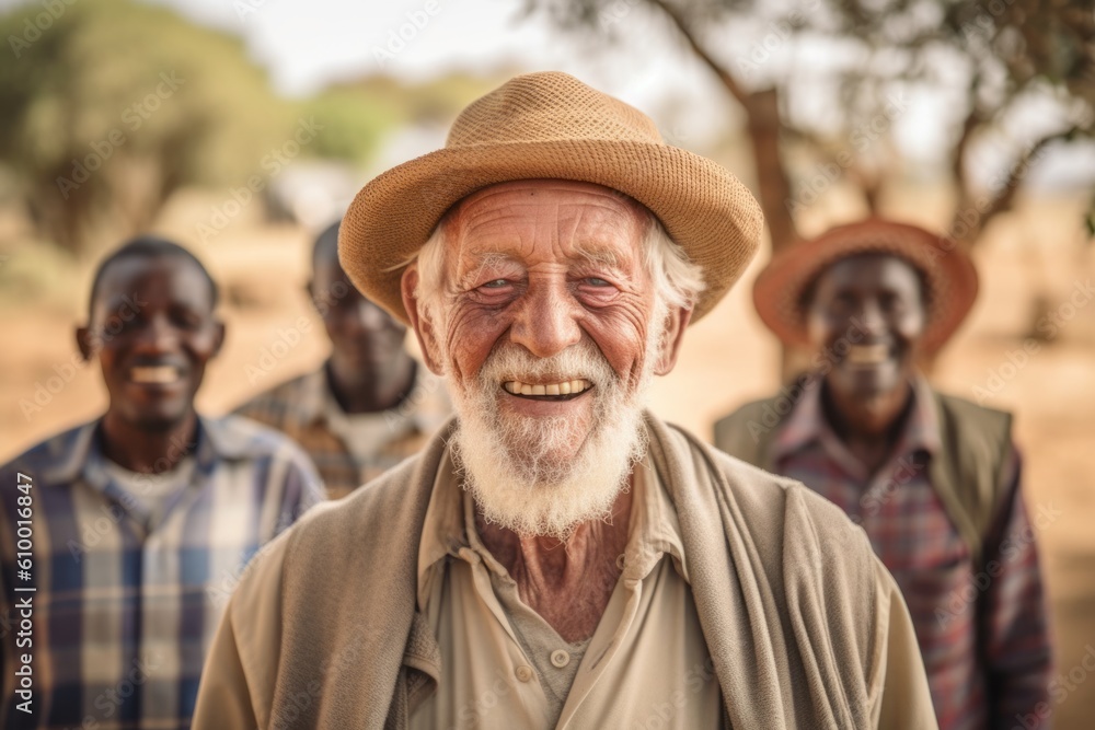 Group portrait photography of a cheerful man in his 90s that is smiling with friends at the Serengeti National Park Tanzania . Generative AI Group portrait photography of a cheerful man in his 90s that is smiling with friends at the Serengeti National Park Tanzania . Generative AI