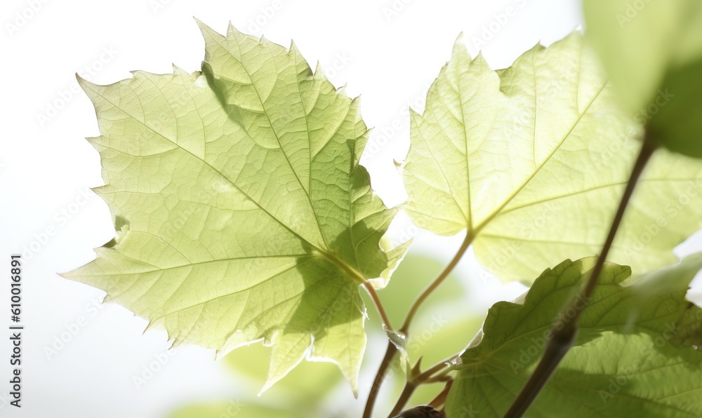  a close up of a green leaf on a tree with sky in the backgroup of the image in the backgroupground.  generative ai