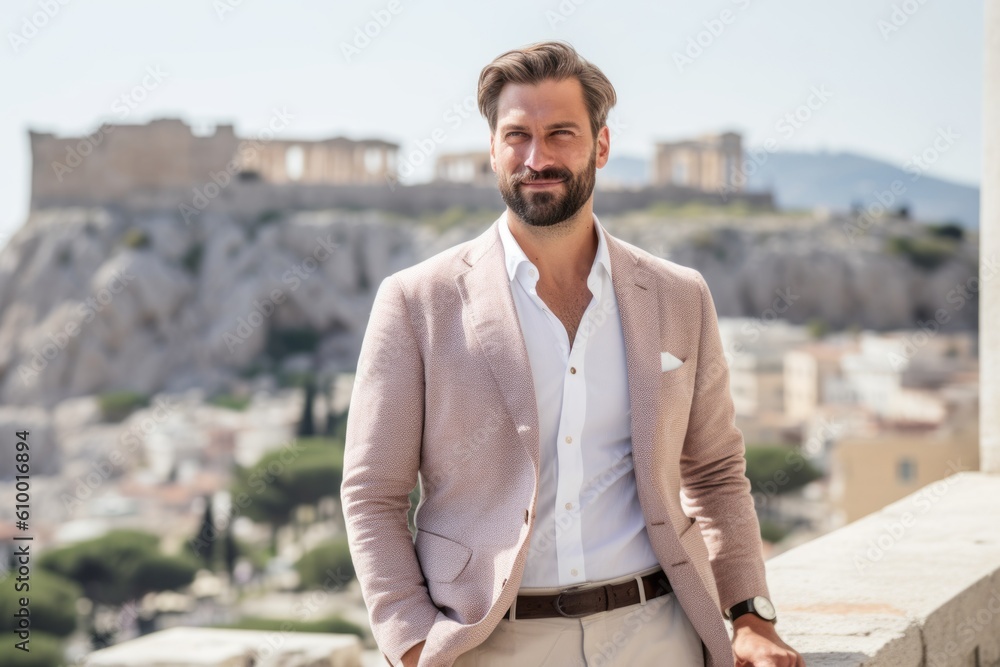 Portrait of a handsome young man standing in front of Acropolis in Athens, Greece Portrait of a handsome young man standing in front of Acropolis in Athens, Greece