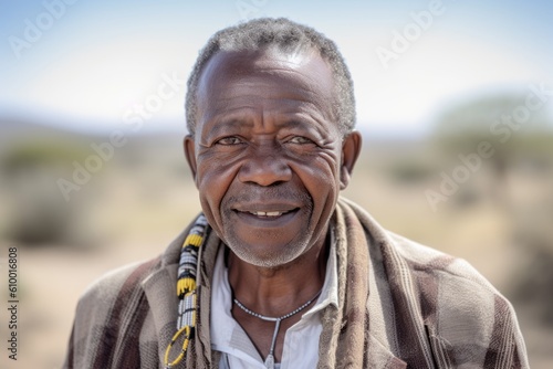 Portrait of an elderly African man smiling at camera in the desert