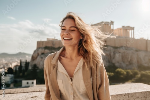 Photo of a beautiful young woman outdoors on the background of the Acropolis.