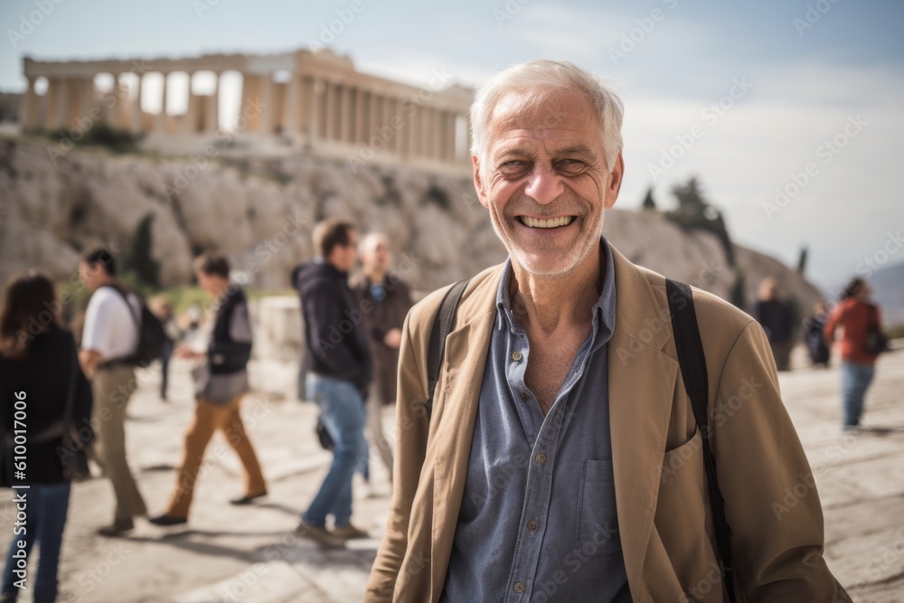 Portrait of happy senior man in front of Acropolis in Athens, Greece