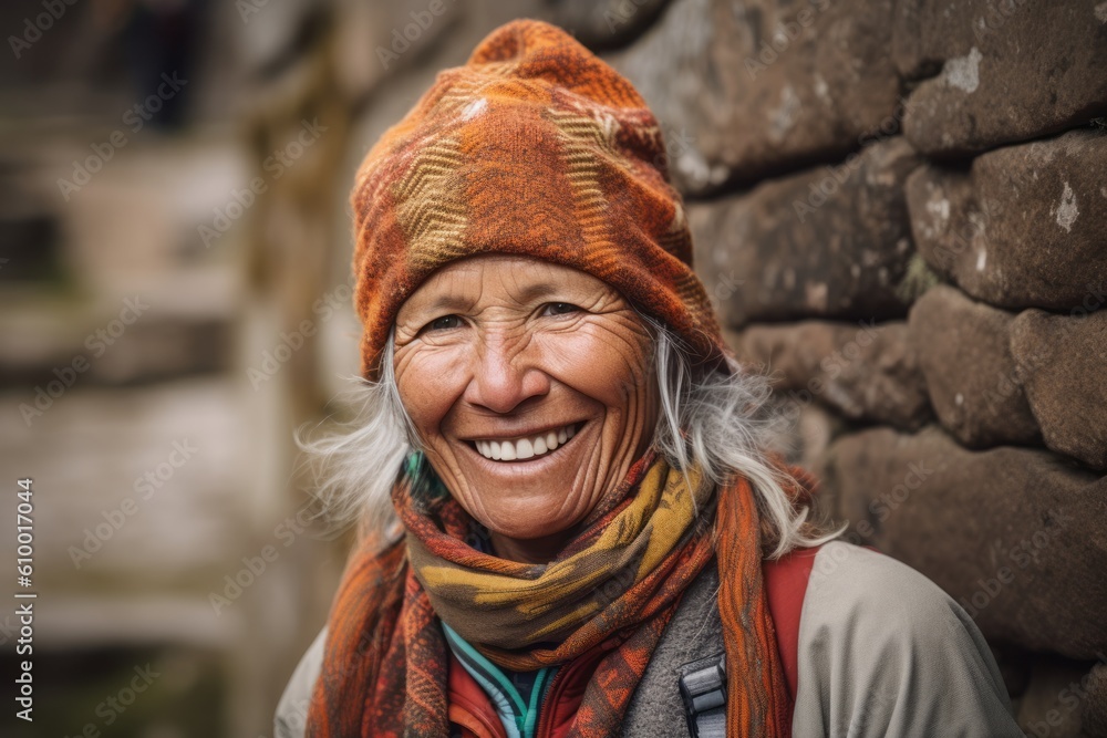 Portrait of a smiling senior woman wearing a hat and scarf in the countryside Portrait of a smiling senior woman wearing a hat and scarf in the countryside