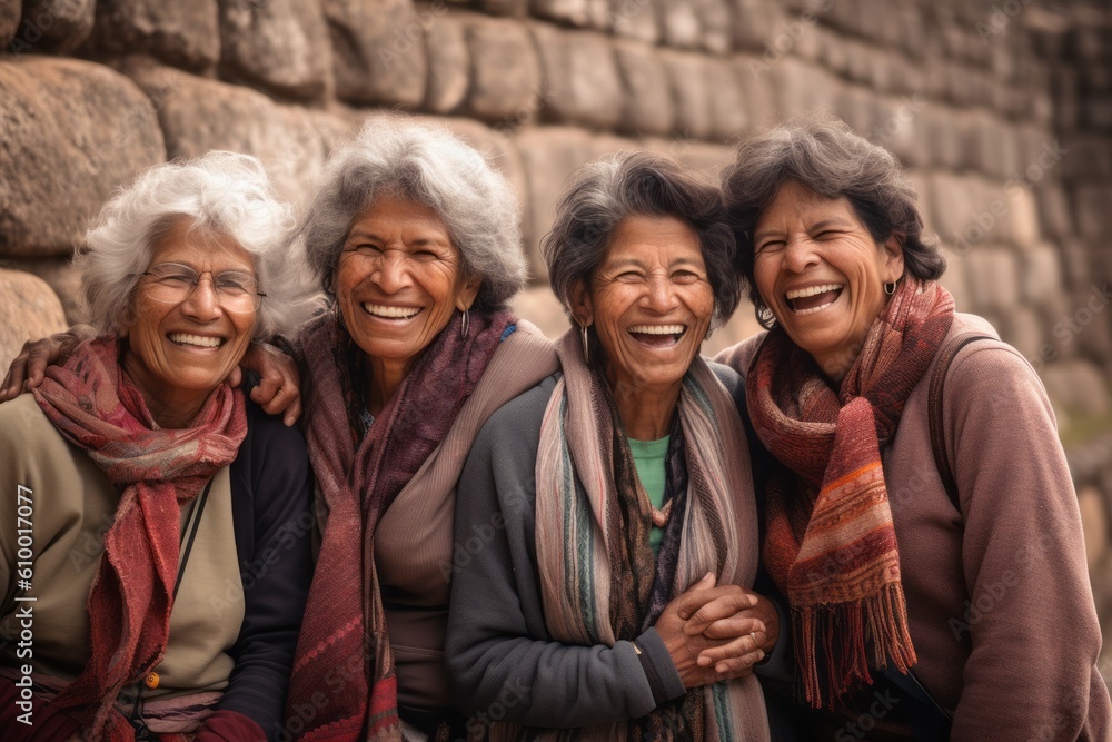 Portrait of senior women smiling at the camera while standing in front of a stone wall Portrait of senior women smiling at the camera while standing in front of a stone wall