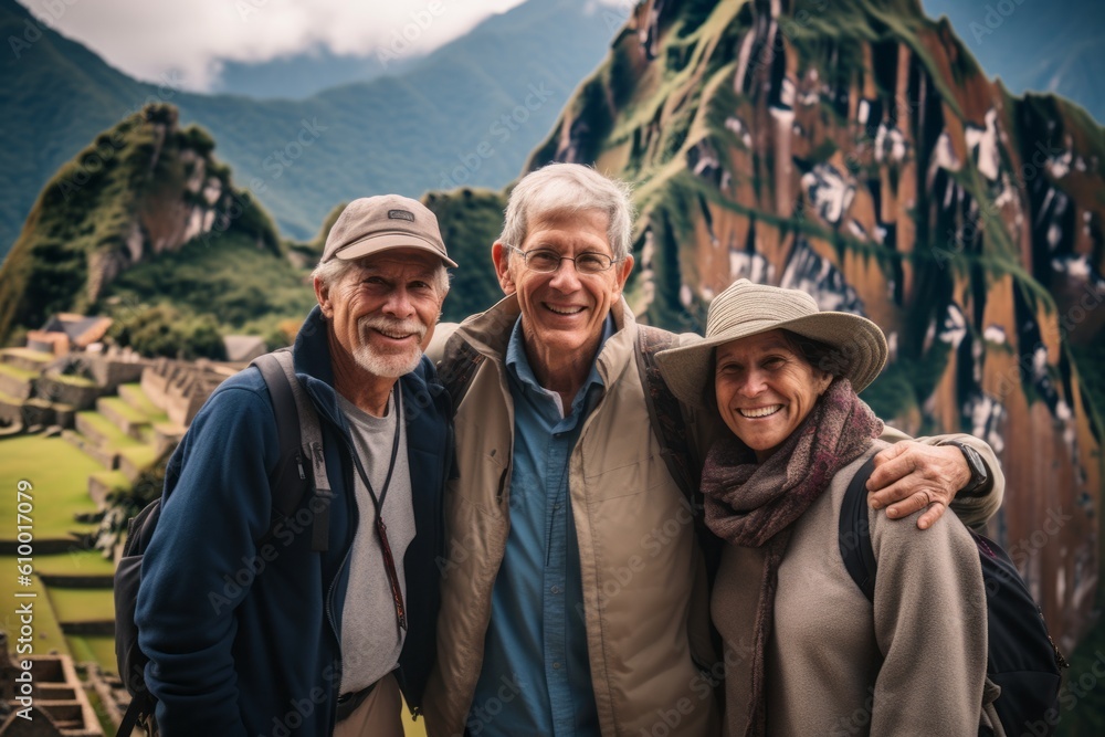 Senior couple traveling in the mountains. They are smiling and looking at camera.