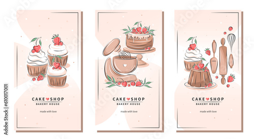 Set of design sample for pastry and bread shop. Cake shop logo. Planetary stationary dough mixer, cakes and berries. Vector illustration