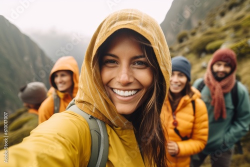 Group of friends with backpacks taking a selfie on a hiking trip