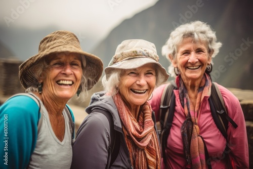 Group of happy senior women hiking in the mountains. They are laughing and looking at camera. © Anne Schaum