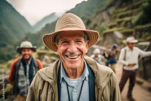 Lifestyle portrait photography of a cheerful man in his 50s that is smiling with friends at the Machu Picchu in Cusco Region Peru . Generative AI © Anne Schaum
