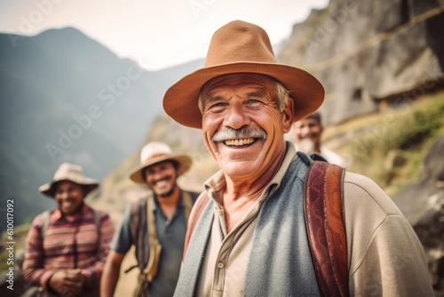 Happy senior man with friends on a hike in the Himalayas © Anne Schaum