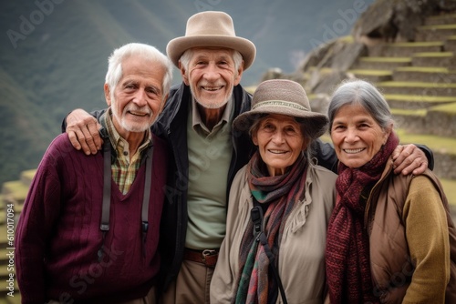Group portrait photography of a grinning man in his 70s that is with the family at the Machu Picchu in Cusco Region Peru . Generative AI
