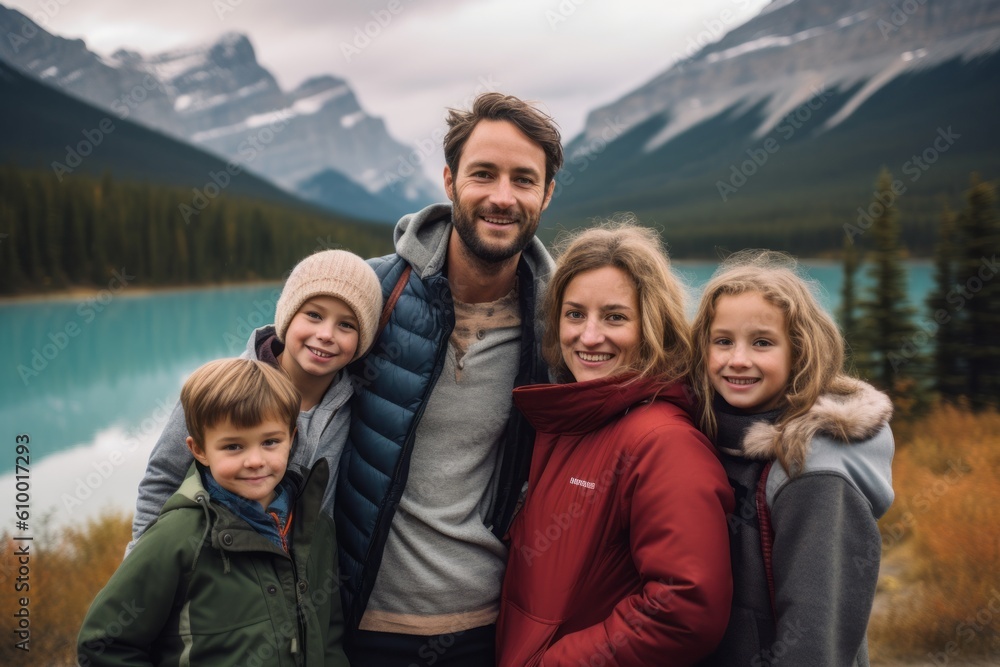 Portrait of a happy family standing in front of a lake in Canada