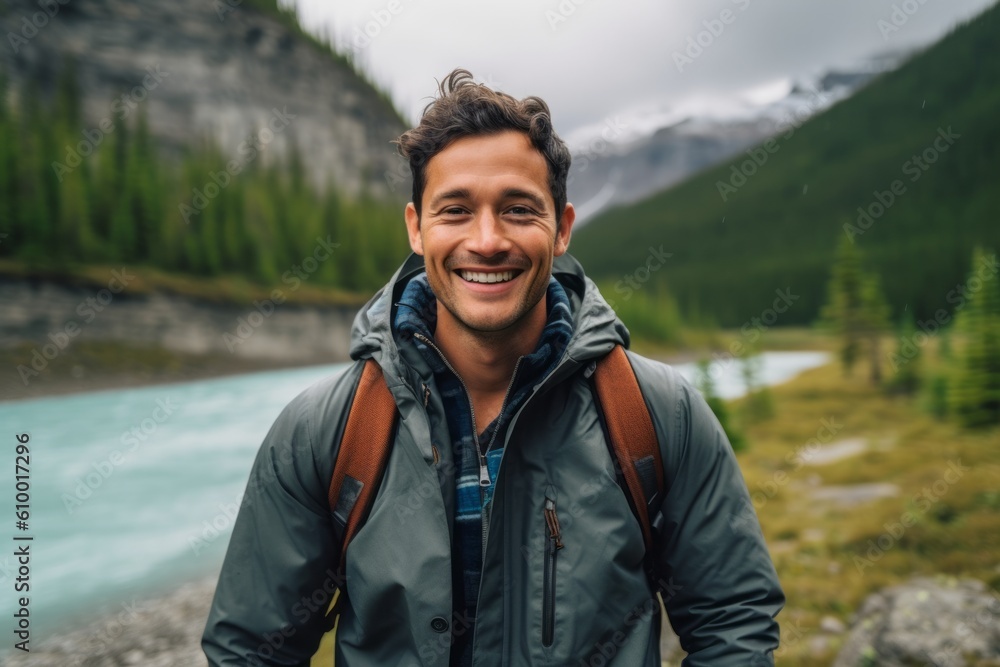 Lifestyle portrait photography of a satisfied man in his 30s that is smiling with friends at the Banff National Park in Alberta Canada . Generative AI