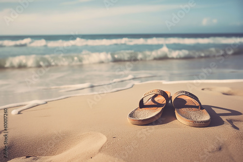 Summer vacation concept, Flip flops on a sandy ocean beach, generative AI tools 