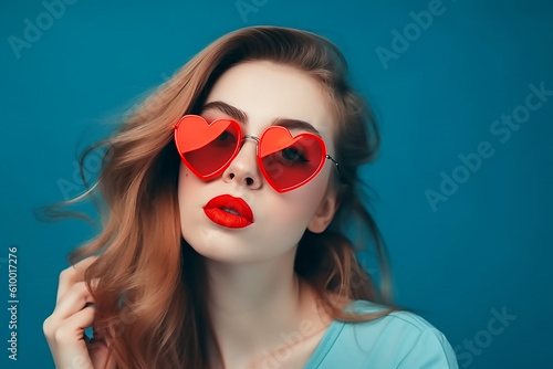 Summer portrait of beautiful young woman model, wearing red heart shaped sunglasses on blue background, generative AI tools 