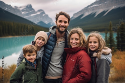 Portrait of a happy family standing in front of a lake in Canada © Anne Schaum