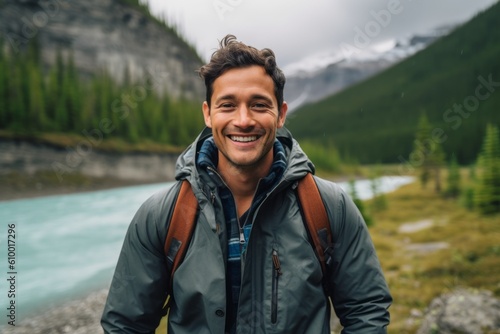 Lifestyle portrait photography of a satisfied man in his 30s that is smiling with friends at the Banff National Park in Alberta Canada . Generative AI