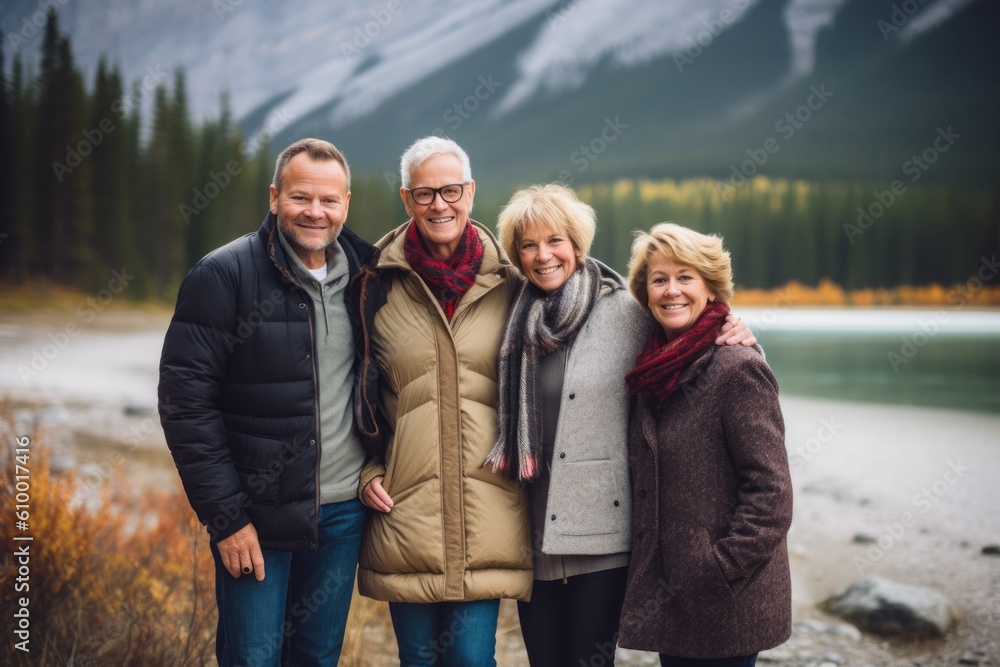 Portrait of a senior couple with their family at the lake. Portrait of a senior couple with their family at the lake.