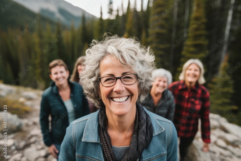 Portrait of smiling senior woman with friends standing in background at mountain