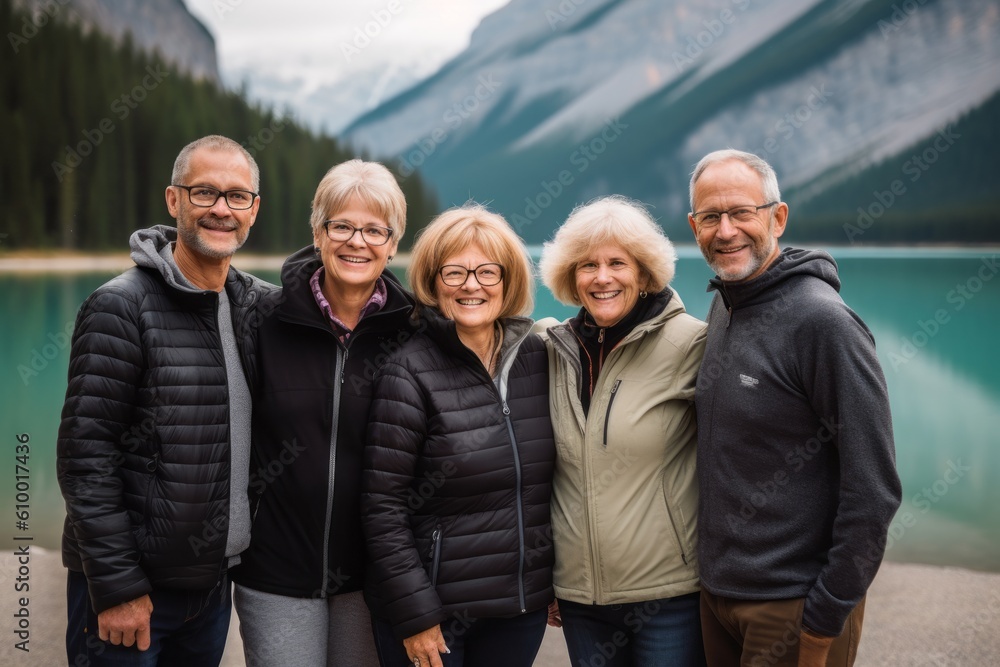 Portrait of a group of senior people standing by a lake. Portrait of a group of senior people standing by a lake.