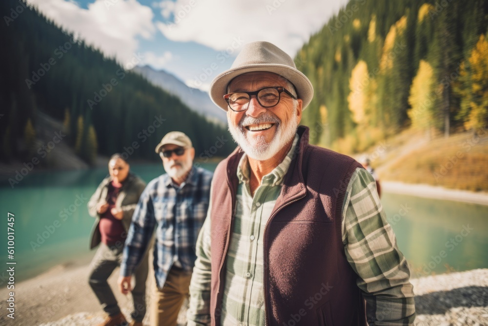 Senior couple hiking in the mountains with their grandson. They are looking at the camera and smiling. Senior couple hiking in the mountains with their grandson. They are looking at the camera and smiling.
