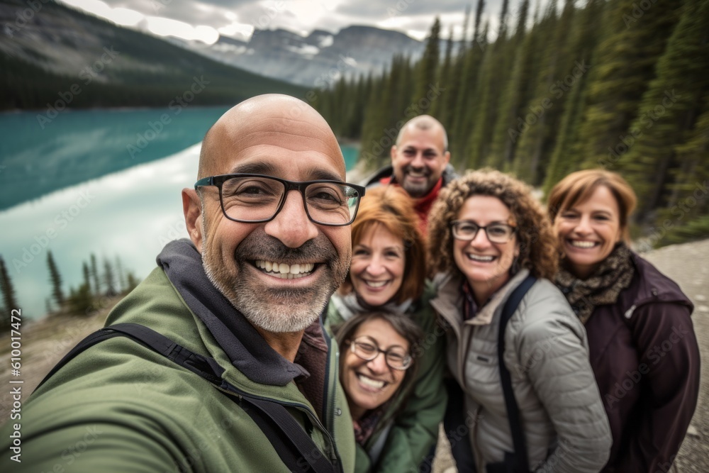 Group of friends taking a selfie in Glacier National Park, Montana.