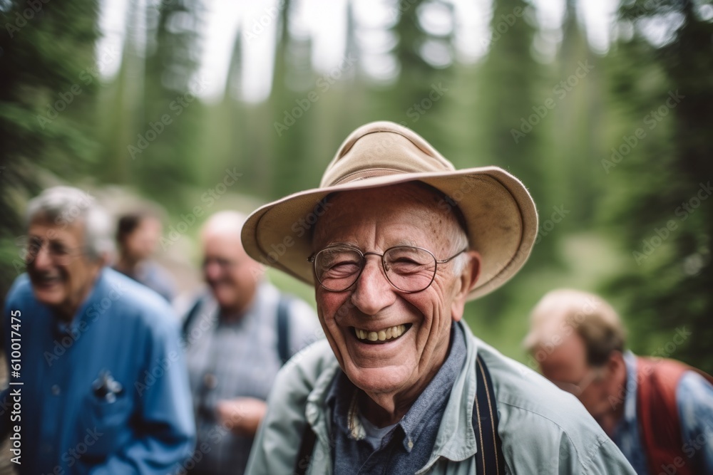 Senior man hiking in the forest with his friends. Active seniors lifestyle concept.