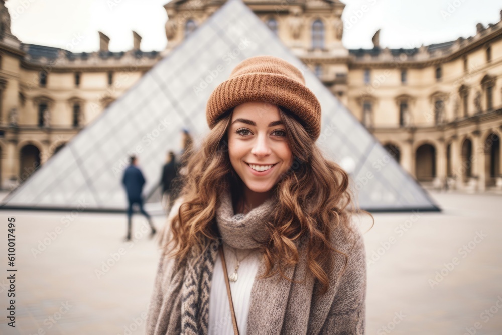 Cheerful young woman in beige hat and coat walking in Paris
