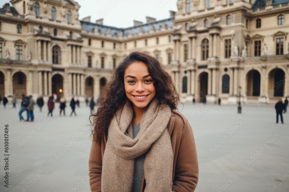 Young woman in Paris, France. Beautiful young woman with curly hair wearing coat and scarf. Young woman in Paris, France. Beautiful young woman with curly hair wearing coat and scarf.