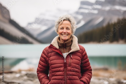 Group portrait photography of a pleased woman in her 50s that is wearing a cozy sweater at the Banff National Park in Alberta Canada . Generative AI