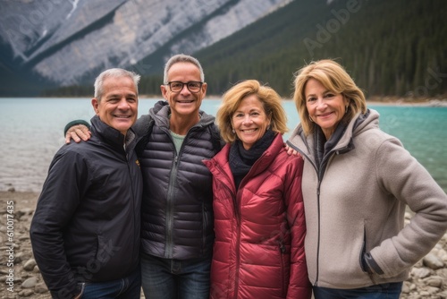 Portrait of a group of seniors standing by a lake in Canada