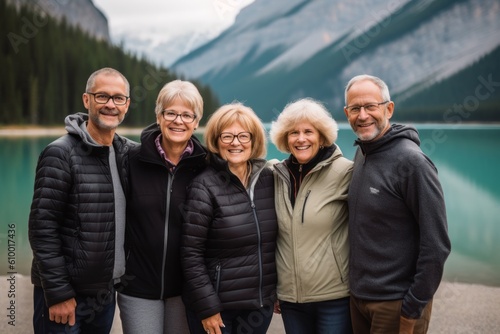 Portrait of a group of senior people standing by a lake.