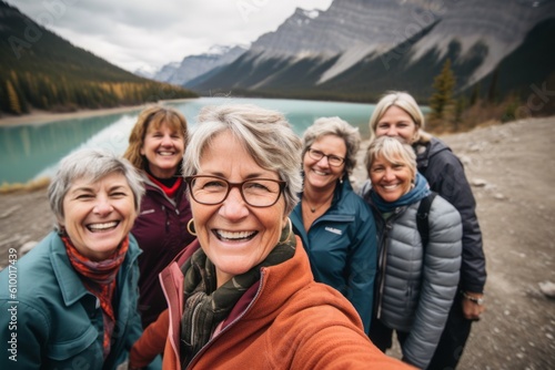 Group of happy senior women taking a selfie with a lake in the background