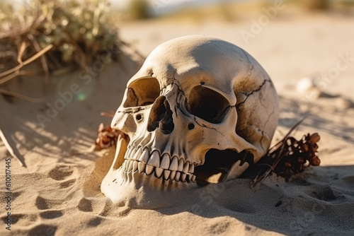 A haunting and mysterious skull rests amidst the vast emptiness of the desert, exuding an eerie and symbolic presence. Generative AI, AI.