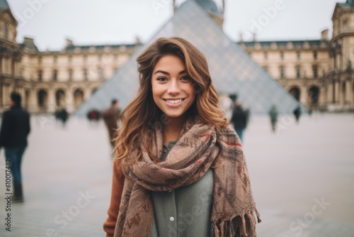 Attractive young woman walking in Paris, France. She is wearing a coat and scarf.