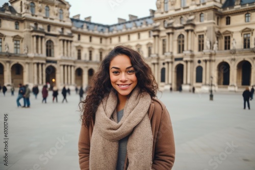 Young woman in Paris, France. Beautiful young woman with curly hair wearing coat and scarf.