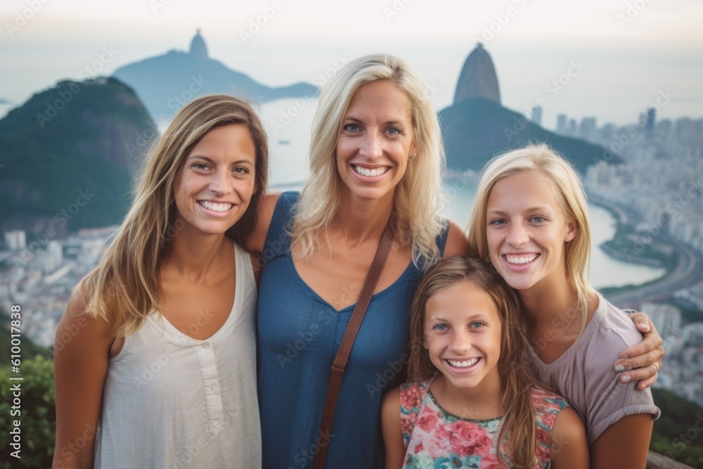 Portrait of a happy mother with her daughters on top of the mountain Portrait of a happy mother with her daughters on top of the mountain