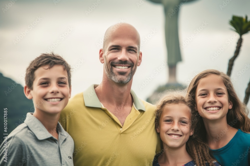 Portrait of smiling father with his kids in the park on a cloudy day Portrait of smiling father with his kids in the park on a cloudy day
