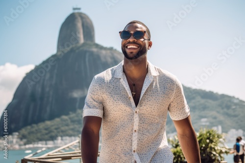 Portrait of a young african american man in sunglasses and a white shirt on the background of the island of Santorini.