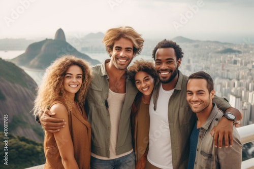 Group of diverse friends looking at camera and smiling while standing on top of a mountain