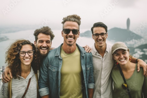 Group of happy friends standing on top of mountain and looking at camera