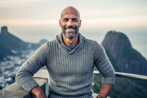 Portrait of a handsome middle-aged man smiling and looking at the camera while sitting on the top of a mountain.