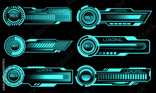 Set of HUD modern loading progress bars user interface elements design technology cyber blue on black futuristic vector