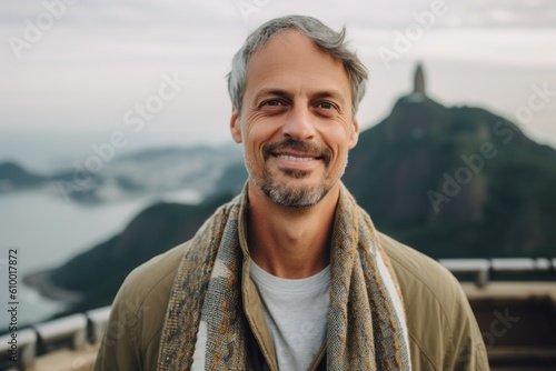 Portrait of a handsome middle-aged man with a gray beard, wearing a warm scarf, looking at the camera and smiling, against the background of the sea. © Anne Schaum