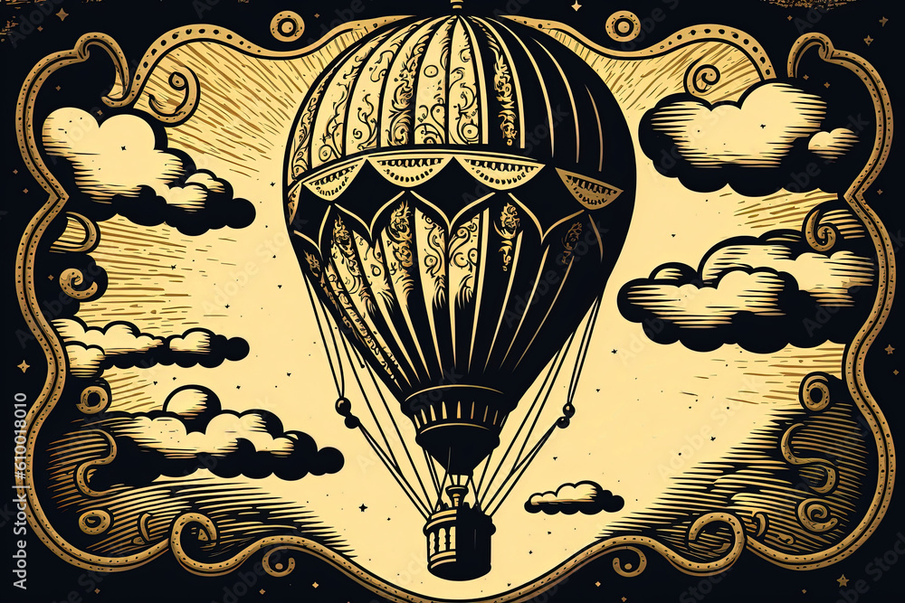 A Stylised Illustration of a Victorian Era Hot Air Balloon Floating in a Sky in Vintage Sepia Tones and Wood Block Etching Style Print Style Stock Illustration Adobe Stock